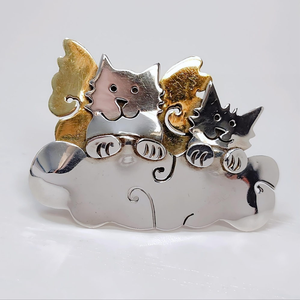 Vintage Far Fetched Sterling Silver Brass Furry Pets Guardian Angel Brooch Pin - Picture 11 of 11